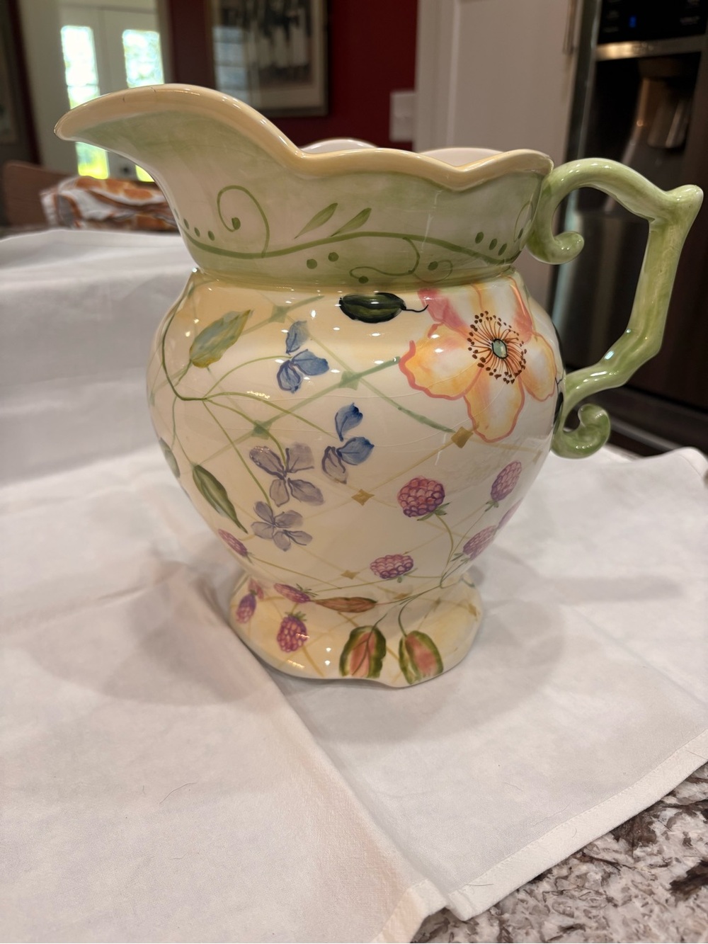 Hand-Painted Floral Ceramic Pitcher in Cream and Green